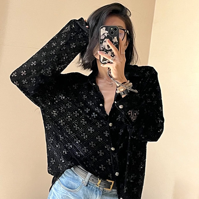 chrome hearts velvet cutout button up shirt